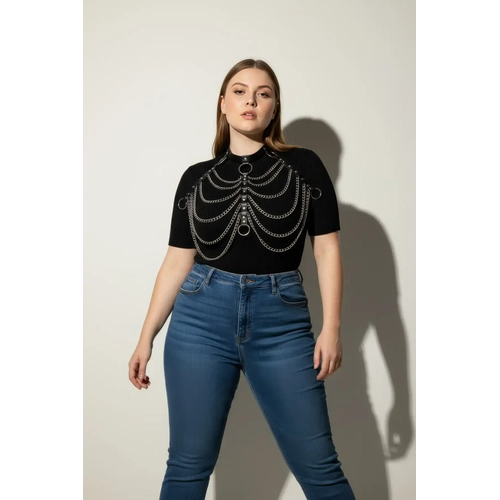 B�y�k Beden Siyah Kad�n Kemer Zincir Detayl� Deri Harness V�cut Aksesuar� - APFT401
