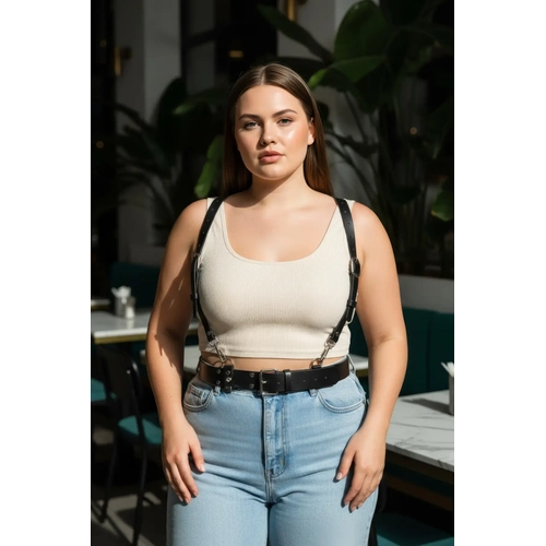 B�y�k Beden Siyah Kad�n Kemer Deri Harness Stil Halka Detayl� V�cut Aksesuar� - APFT934