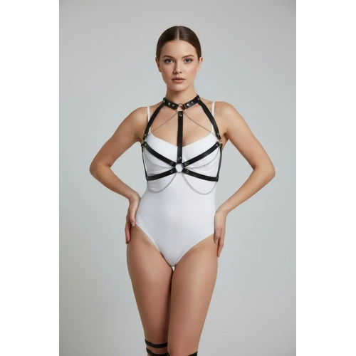 Siyah G���s Harness Zincir Detayl� Deri Yaka - APFT796