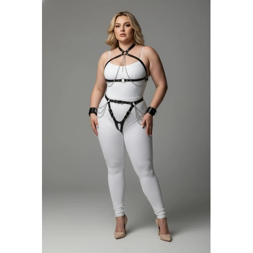 B�y�k Beden Siyah Kad�n Deri Harness Tak�m Zincir ve Jartiyer Detayl� - APFT1224