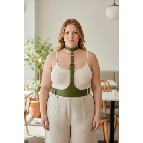 B�y�k Beden Haki Kad�n Kemer, Korse G�r�n�ml� Deri Harness V�cut Aksesuar� - APFT1297