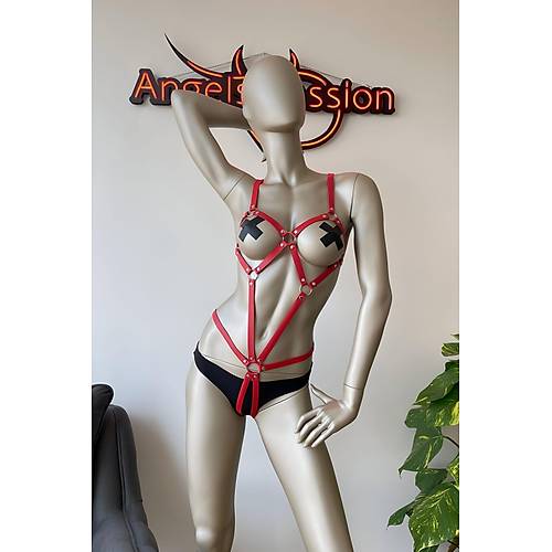 Vcudu Saran Krmz Deri Body Harness