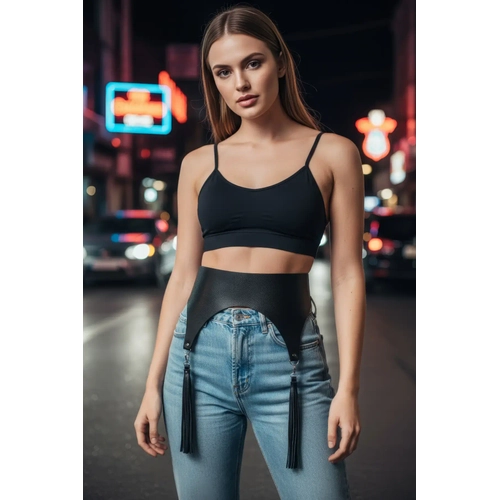 Siyah Kad�n Kemer Geni� Formlu P�sk�l Detayl� Deri - APFT788