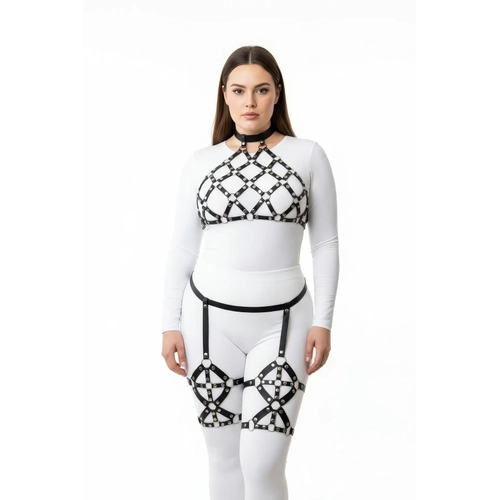 B�y�k Beden Siyah Kad�n Deri Full Body Harness Tak�m Halka Detayl� Jartiyerli - APFT460