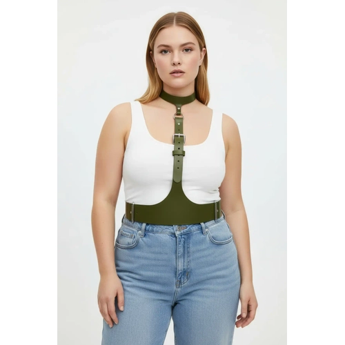B�y�k Beden Haki Kad�n Kemer, Korse G�r�n�ml� Deri Harness V�cut Aksesuar� - APFT1297