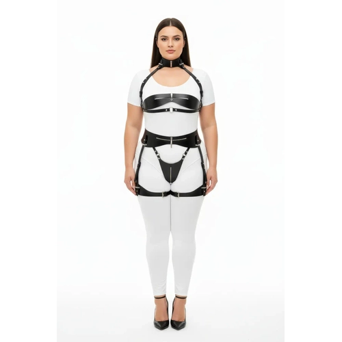 B�y�k Beden Siyah Kad�n Deri Harness Tak�m Jartiyerli Fantezi V�cut Aksesuar� - APFT1373