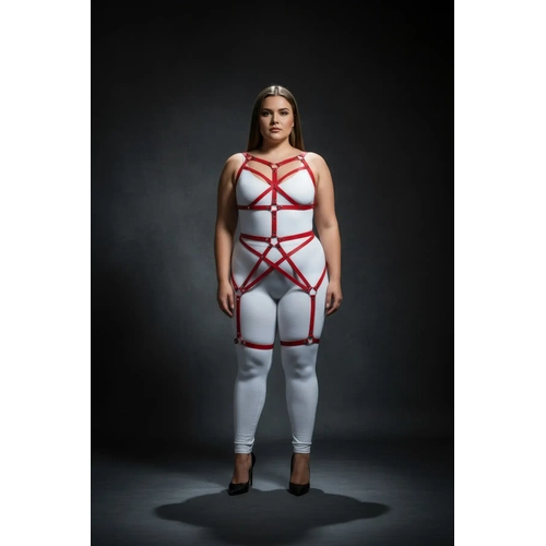B�y�k Beden K�rm�z� Kad�n Harness Tak�m Full Body Deri Fantezi Aksesuar - APFT894