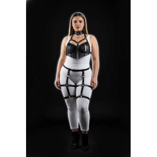 B�y�k Beden Siyah Kad�n Harness Tak�m P�sk�ll� Deri G�r�n�ml� Jartiyerli Fantezi Aksesuar - APFT715