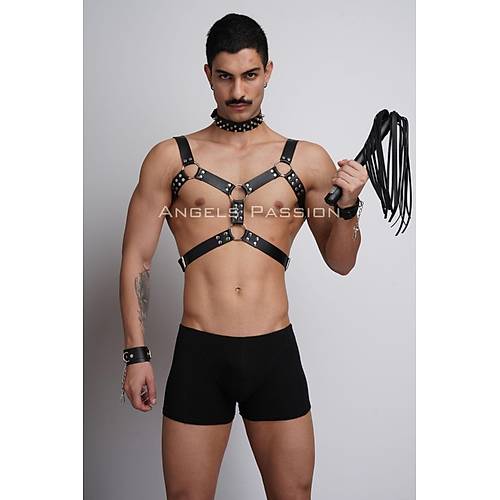 Krba ve ivili Choker Detayl Erkek Fantazi Giyim, Deri Erkek Harness Takm - APFTM102