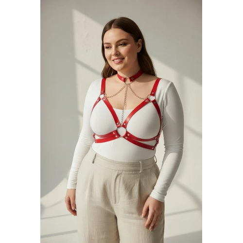 B�y�k Beden K�rm�z� Kad�n Kemer Zincir Detayl� Deri Harness - APFT797