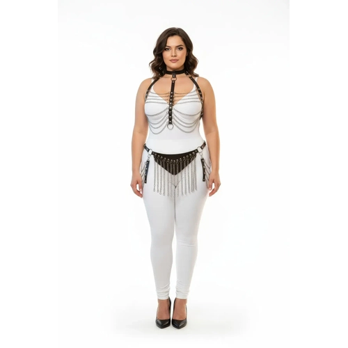 B�y�k Beden Siyah Kad�n Harness Tak�m Zincir ve P�sk�l Detayl� Deri Fantezi Aksesuar - APFT328
