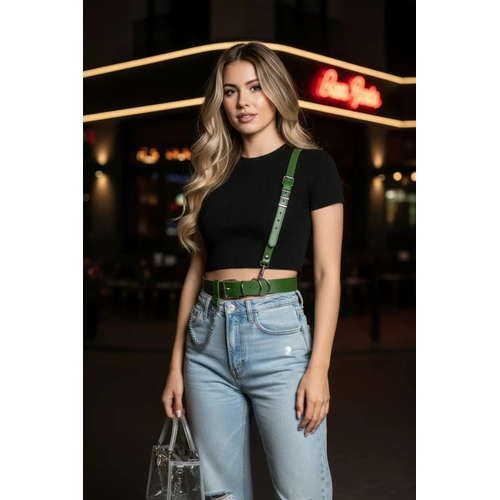 Ye�il Kad�n Kemer Deri Zincir Detayl� V�cut Kemer - APFT620