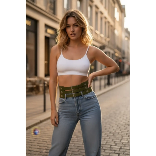 Haki Kad�n Kemer Korsaj Tipi Z�mba Detayl� Kal�n Kemer - APFT827