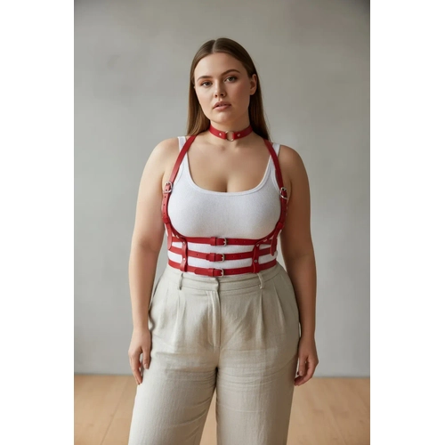 B�y�k Beden K�rm�z� Kad�n Kemer Deri Harness Korse G�r�n�ml� V�cut Aksesuar� - APFT615