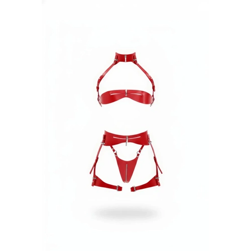 K�rm�z� Jartiyer Harness Parlak Deri Fermuarl� Tak�m - APFT1373