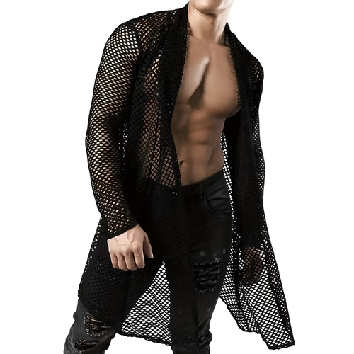 Erkek Uzun File Kimono G�mlek, Siyah Transparan Clubwear - APTM001