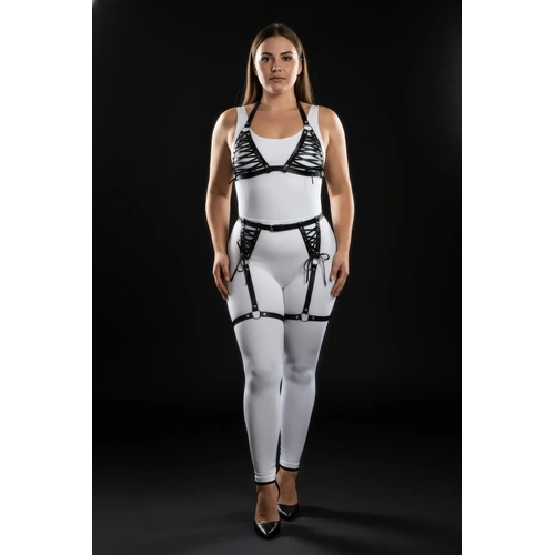 B�y�k Beden Siyah Kad�n Deri Harness Tak�m Jartiyerli ve Ba�c�kl� Fantezi Kombin - APFT1389
