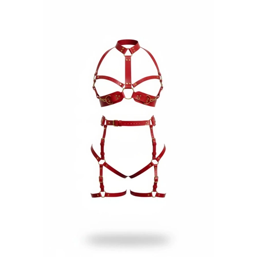 K�rm�z� Harness Tak�m Alt�n Tokal� Zincir Detayl� Deri Set - APFT1016