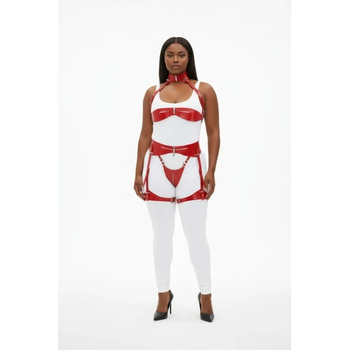 B�y�k Beden K�rm�z� Kad�n Deri Harness Tak�m Jartiyerli Fantazi Aksesuar - APFT1373