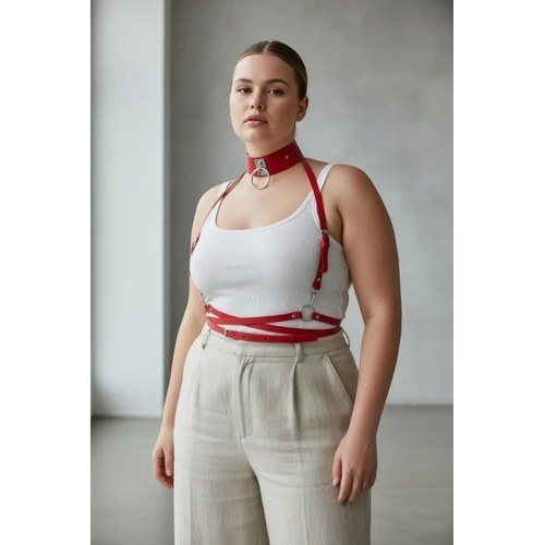 B�y�k Beden K�rm�z� Kad�n Kemer Metal Halka Detayl� Deri Harness - APFT644