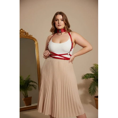 B�y�k Beden K�rm�z� Kad�n Kemer Metal Halka Detayl� Deri Harness - APFT644