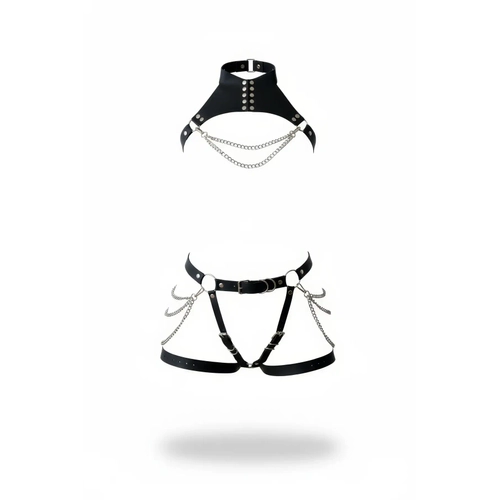 Siyah Jartiyer Harness Zincir Detayl� Deri �kili Tak�m - APFT1369