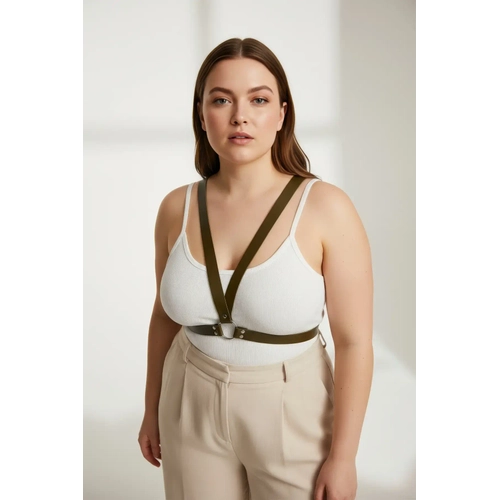 B�y�k Beden Haki Kad�n Kemer Deri Harness Halka Detayl� V�cut Aksesuar� - APFT633