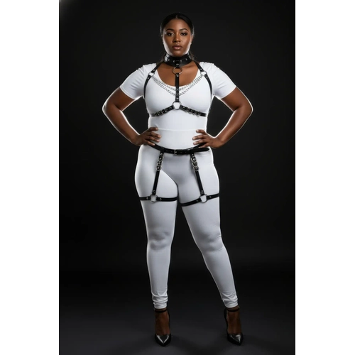B�y�k Beden Siyah Kad�n Deri Harness Tak�m Zincir ve Halka Detayl� Jartiyerli - APFT1081