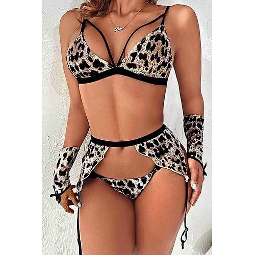 Merry See Eldivenli Seksi Leopar Jartiyer Takm ok Renkli