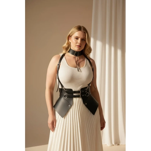 B�y�k Beden Siyah Kad�n Deri Kemer Boyun Ba�lant�l� Korse Harness - APFT622