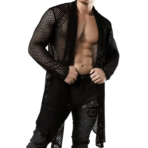 Erkek Uzun File Kimono G�mlek, Siyah Transparan Clubwear - APTM001