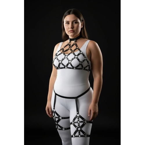 B�y�k Beden Siyah Kad�n Deri Full Body Harness Tak�m Halka Detayl� Jartiyerli - APFT460