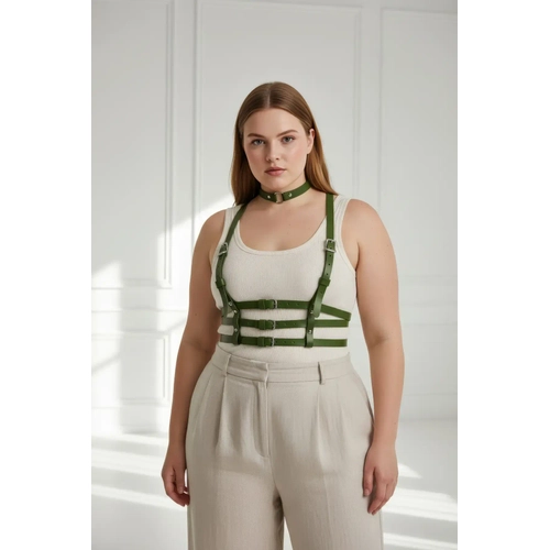 B�y�k Beden Haki Kad�n Deri Kemer �oklu Tokal� Harness V�cut Aksesuar� - APFT615
