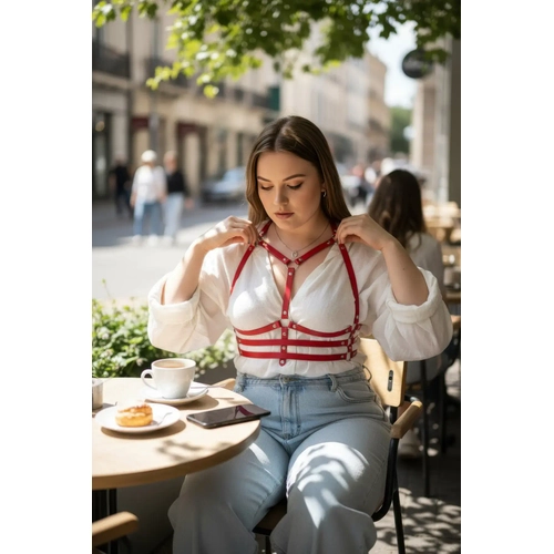 B�y�k Beden K�rm�z� Kad�n Kemer Korse Detayl� Deri Harness Aksesuar� - APFT543