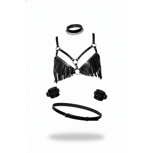 Siyah Harness Tak�m P�sk�ll� Z�mbal� Halka Detayl� - APFT896