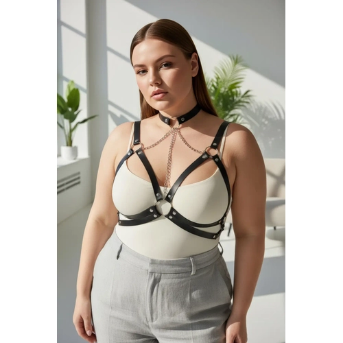 B�y�k Beden Siyah Kad�n Kemer Zincir Detayl� Deri Harness V�cut Aksesuar� - APFT797