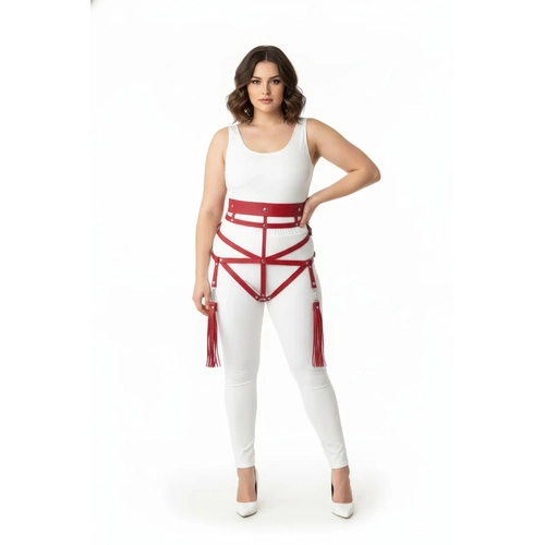B�y�k Beden K�rm�z� Kad�n Harness Tak�m P�sk�l Detayl� Deri V�cut Aksesuar� - APFT397