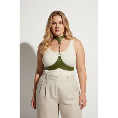 B�y�k Beden Haki Kad�n Kemer Deri Harness Zincir Detayl� V�cut Aksesuar� - APFT1265