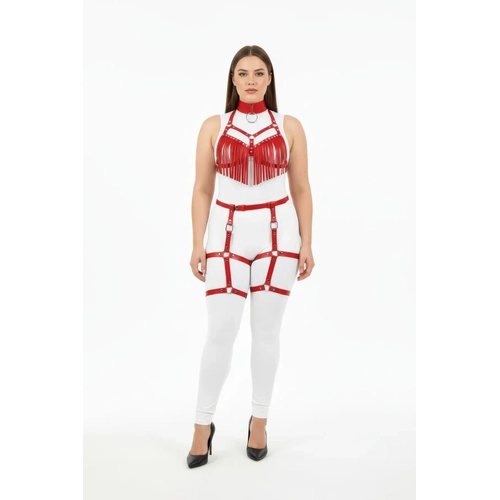 B�y�k Beden K�rm�z� Kad�n Deri Harness Tak�m P�sk�l Detayl� Jartiyerli - APFT715