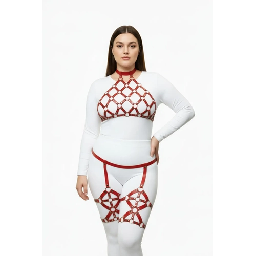 B�y�k Beden K�rm�z� Kad�n Harness Tak�m Jartiyerli Z�mba Detayl� Fantezi - APFT460