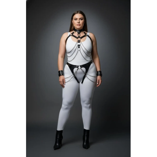B�y�k Beden Siyah Kad�n Harness Tak�m Zincir Detayl� Deri Fantezi Aksesuar� - APFT1067