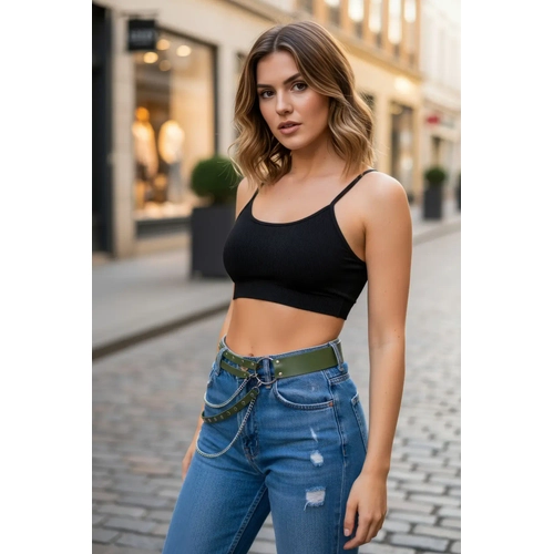 Haki Kad�n Kemer Zincir Detayl� Halka Tokal� Bel Aksesuar� - APFT586