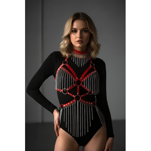 K�rm�z� Body Harness Kad�n Deri Zincir Detayl� V�cut Aksesuar� - APFT1397