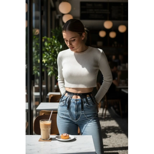 Siyah Kad�n Kemer Zincir Detayl� Geni� Bel Aksesuar� - APFT948