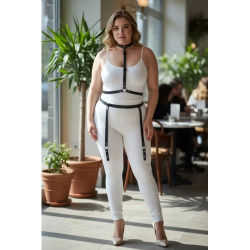 B�y�k Beden Siyah Kad�n Jartiyer Harness Boyun ve Bacak Detayl� Deri Aksesuar - APFT230