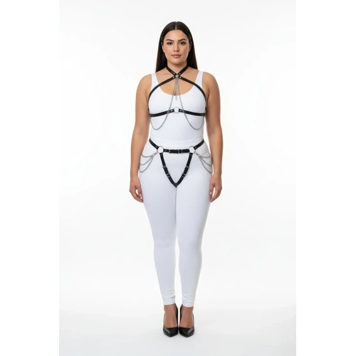 B�y�k Beden Siyah Kad�n Harness Tak�m Zincir Detayl� Deri V�cut Aksesuar� - APFT1084