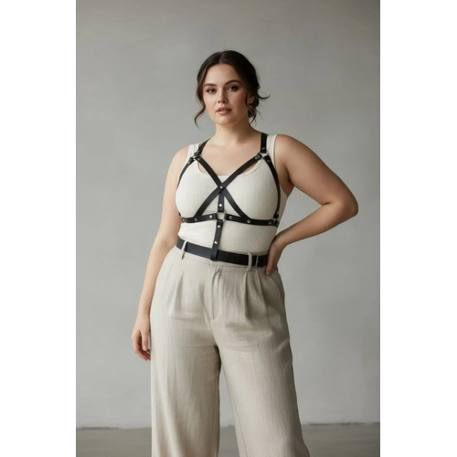 B�y�k Beden Siyah Kad�n Kemer Harness Detayl� Deri V�cut Aksesuar� - APFT1294
