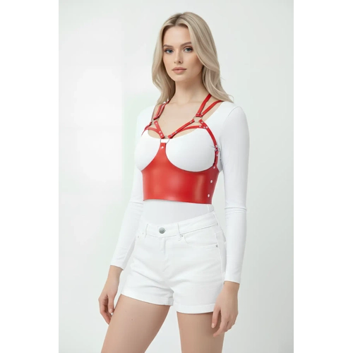 G���s Detayl� Deri K�rm�z Harness B�stiyer, ��k Deri Korse - APFT872