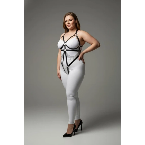 B�y�k Beden Siyah Kad�n Deri Harness Tak�m Zincir ve Halka Detayl� Fantezi Aksesuar - APFT441