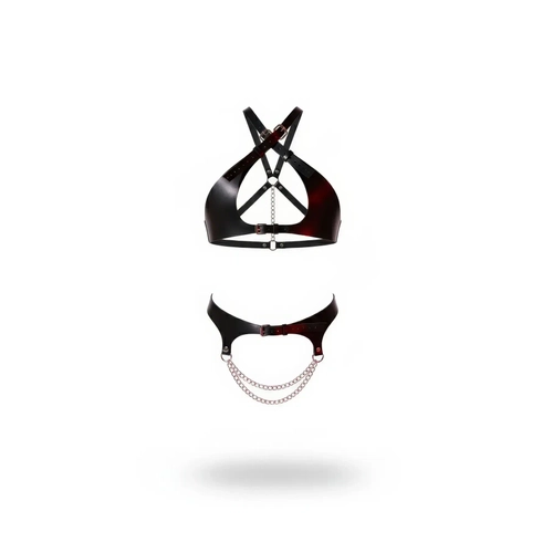 Siyah Harness Tak�m Parlak Deri Zincir Detayl� �ki Par�a - APFT885